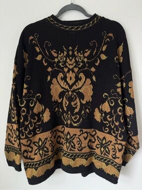 VTG Renaissance Knit Sweater Black Gold Baroque Tapestry USA Made Women’s XXL